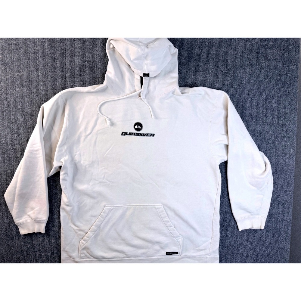 Vintage Quiksilver Hoodie XL Cream Embroidered Y2K Skate Heavyweight Stained Men